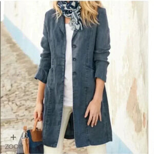 Peruvian Connection Linen Hayden Duster Trench Coat Jacket Sz 10 Lagenlook Blue